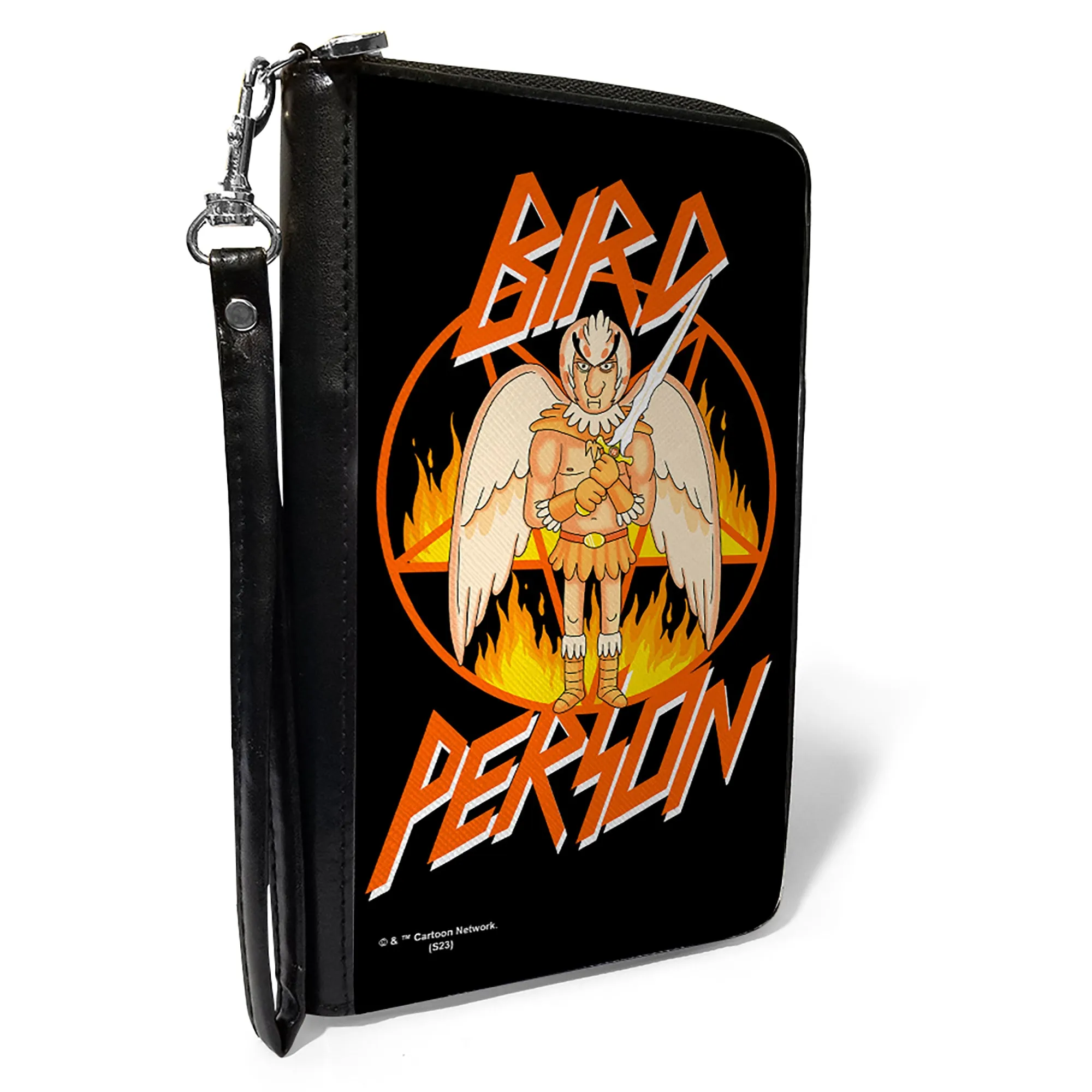 PU Zip Around Wallet Rectangle - Rick and Morty BIRD PERSON Pentagram Fire Pose Black/Red