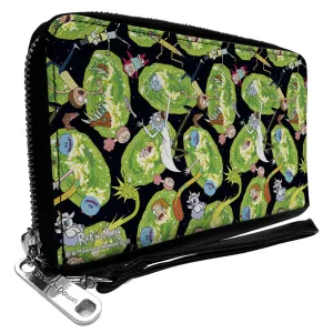PU Zip Around Wallet Rectangle - Rick and Morty Portal Multi Character Scattered Black/Green