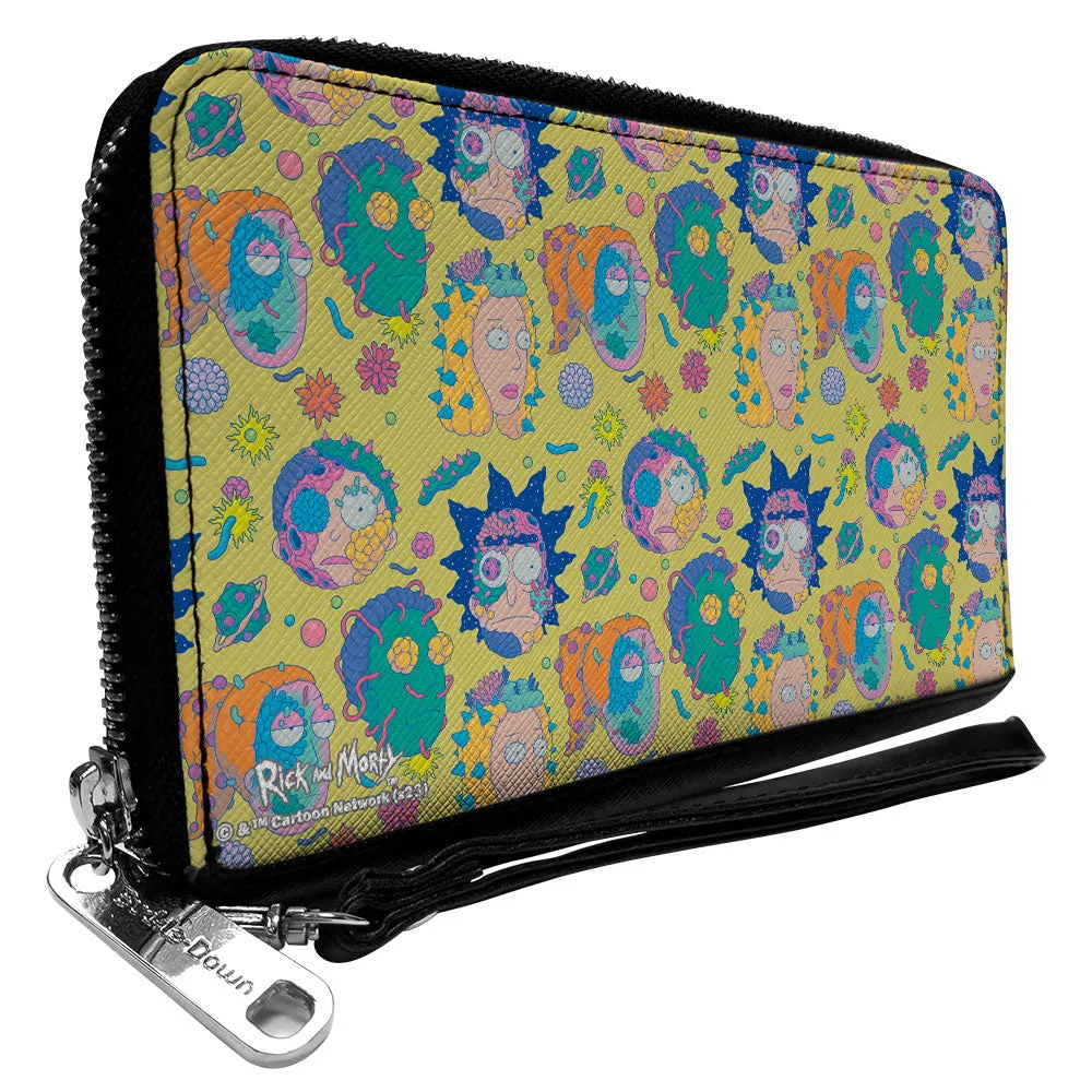 PU Zip Around Wallet Rectangle - Rick and Morty Smith Family Faces and Cells Collage Yellow