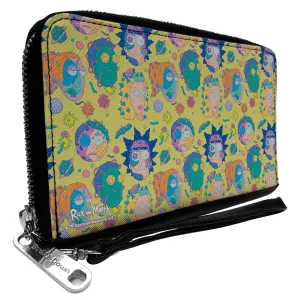 PU Zip Around Wallet Rectangle - Rick and Morty Smith Family Faces and Cells Collage Yellow