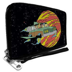 PU Zip Around Wallet Rectangle - Rick and Morty Smith Family Flying Car and Planet Pose Galaxy Black