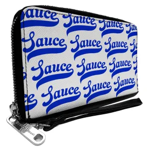 PU Zip Around Wallet Rectangle - SAUCE Baseball Script White/Blue