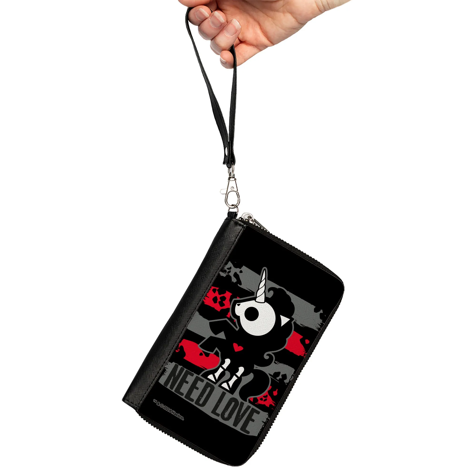 PU Zip Around Wallet Rectangle - Skelanimals Bonita the Unicorn NEED LOVE Pose Black/Gray/Red/White