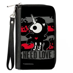 PU Zip Around Wallet Rectangle - Skelanimals Bonita the Unicorn NEED LOVE Pose Black/Gray/Red/White