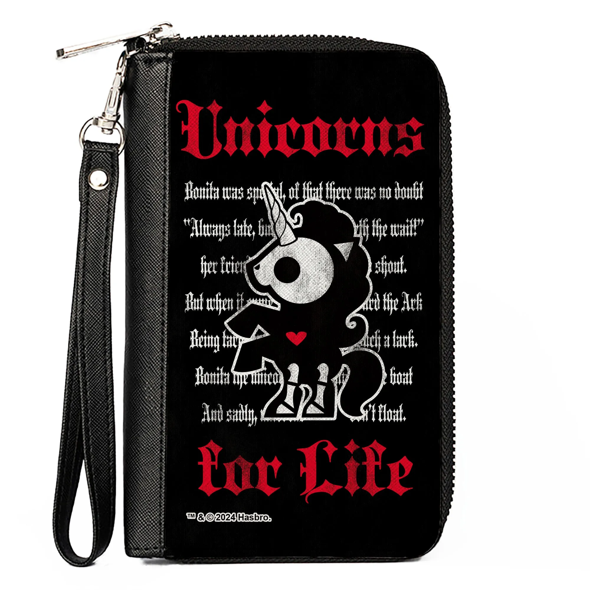 PU Zip Around Wallet Rectangle - Skelanimals Bonita the Unicorn UNICORNS FOR LIFE Pose Black/Red/White