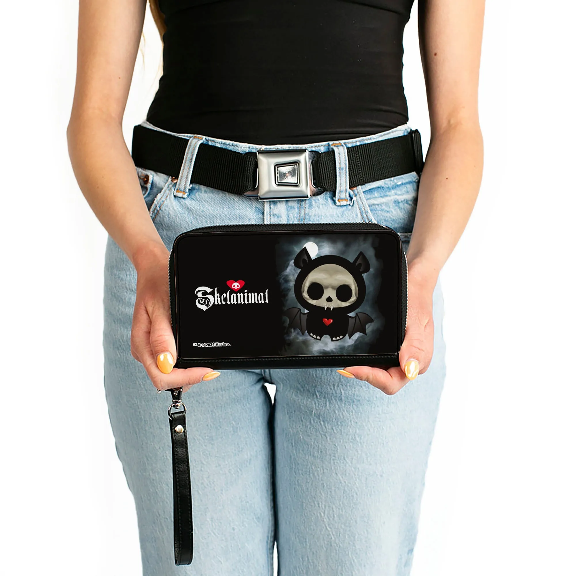 PU Zip Around Wallet Rectangle - SKELANIMALS Diego the Bat Fog Pose and Title Logo Black/White