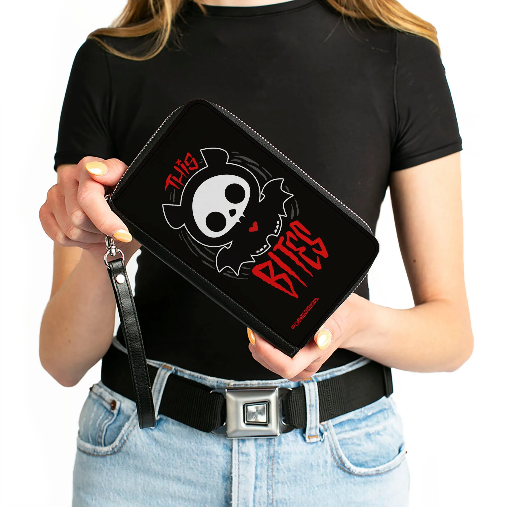PU Zip Around Wallet Rectangle - SKELANIMALS Diego the Bat Fog Pose and Title Logo Black/White