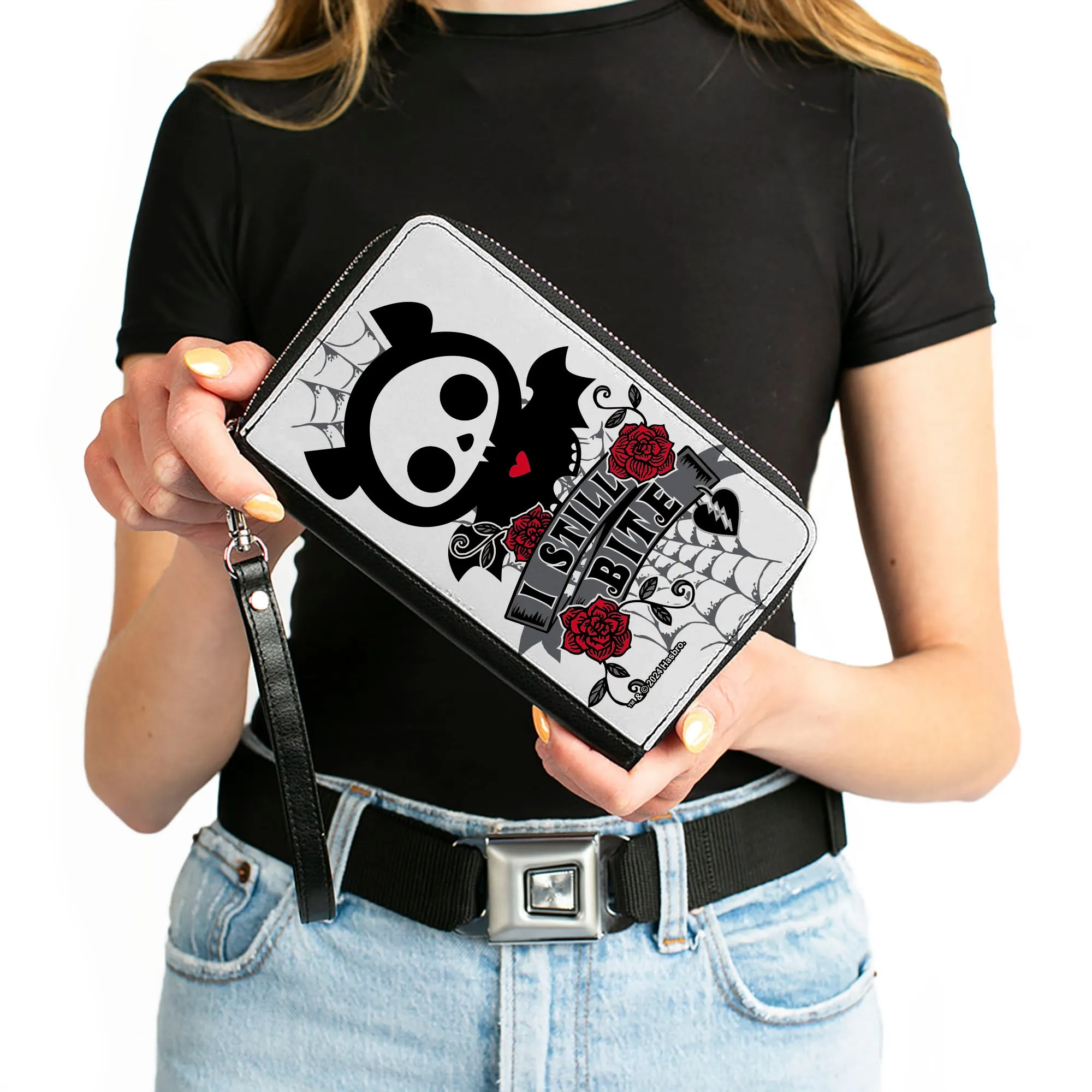 PU Zip Around Wallet Rectangle - Skelanimals Diego the Bat I STILL BITE Pose White/Gray/Black/Red