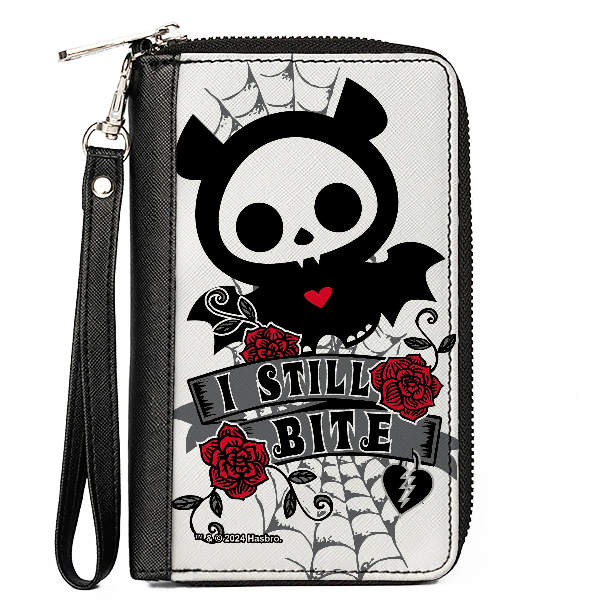 PU Zip Around Wallet Rectangle - Skelanimals Diego the Bat I STILL BITE Pose White/Gray/Black/Red