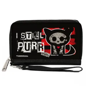 PU Zip Around Wallet Rectangle - Skelanimals Kit the Cat I STILL PURR Pose Red/Black/White