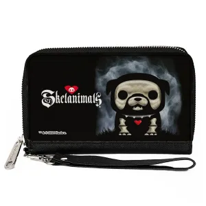 PU Zip Around Wallet Rectangle - SKELANIMALS Maxx the Bulldog Fog Pose and Title Logo Black/White