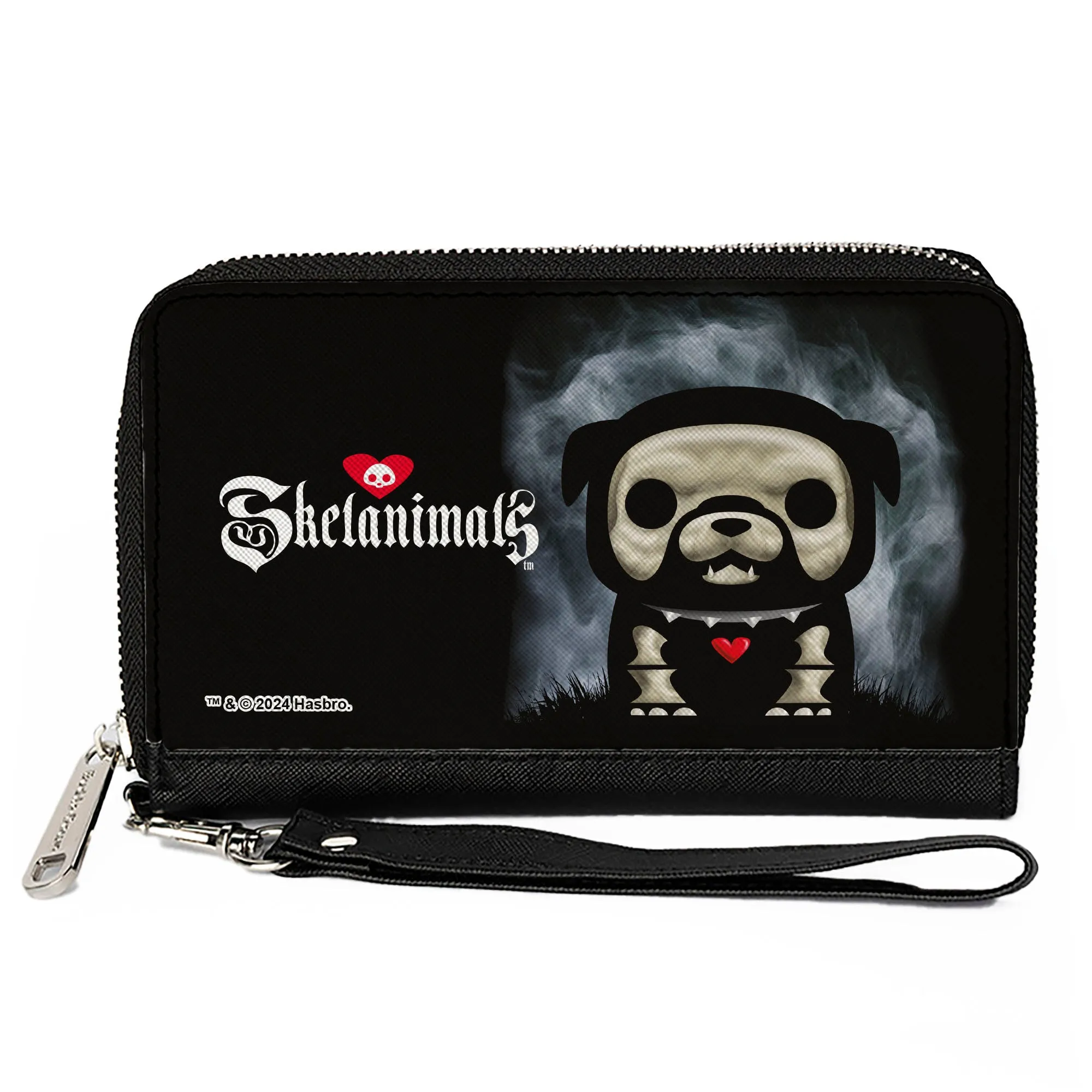 PU Zip Around Wallet Rectangle - SKELANIMALS Maxx the Bulldog Fog Pose and Title Logo Black/White