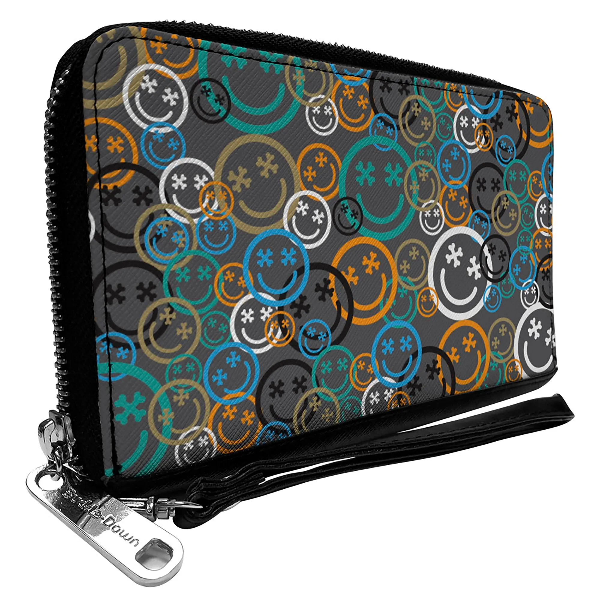 PU Zip Around Wallet Rectangle - Smiley Face Crossbones Stacked Gray/Multi Color