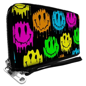 PU Zip Around Wallet Rectangle - Smiley Face Melted Repeat Black Multi Neon