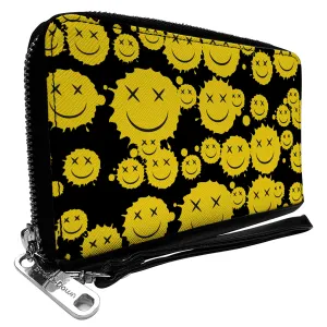 PU Zip Around Wallet Rectangle - Smiley Face Splatter Scattered Black/Yellow