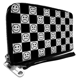 PU Zip Around Wallet Rectangle - Smiley Sad Face Checker Black/White