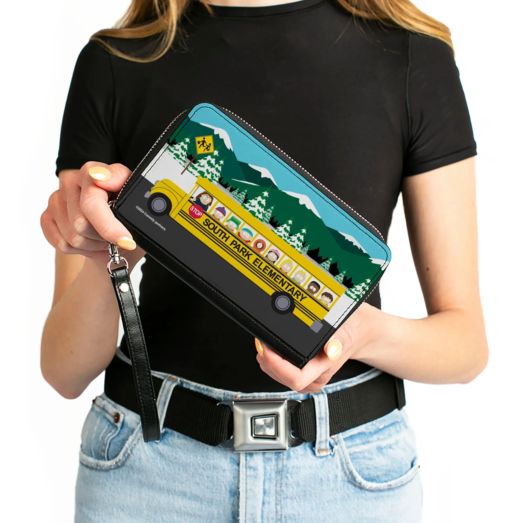 PU Zip Around Wallet Rectangle - SOUTH PARK ELEMENTARY School Bus Character Group Scene