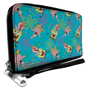 PU Zip Around Wallet Rectangle - SpongeBob Patrick and Gary Joy Poses and Flowers Scattered Blue