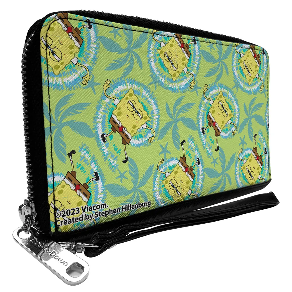 PU Zip Around Wallet Rectangle - SpongeBob Wavy Noodle Arm Pose Tropical Tie Dye Green/Blue/White