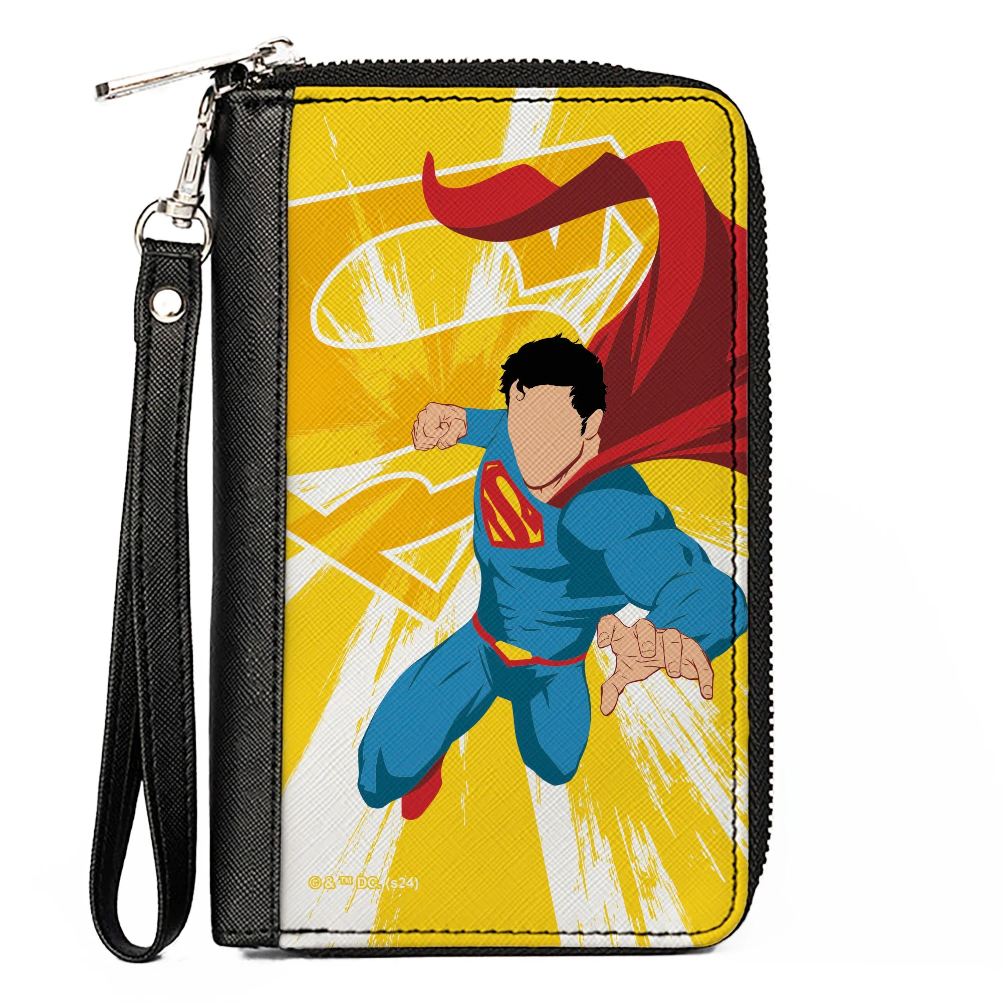 PU Zip Around Wallet Rectangle - Superman No Face Pose and Shield Logo Rays Yellows