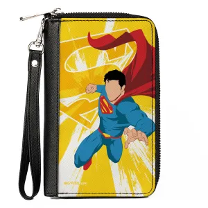 PU Zip Around Wallet Rectangle - Superman No Face Pose and Shield Logo Rays Yellows