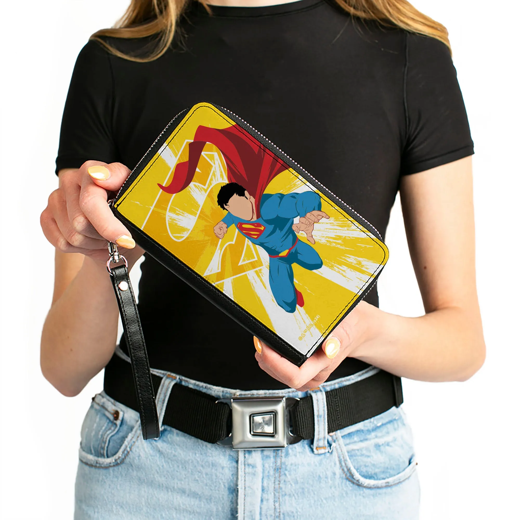 PU Zip Around Wallet Rectangle - Superman No Face Pose and Shield Logo Rays Yellows