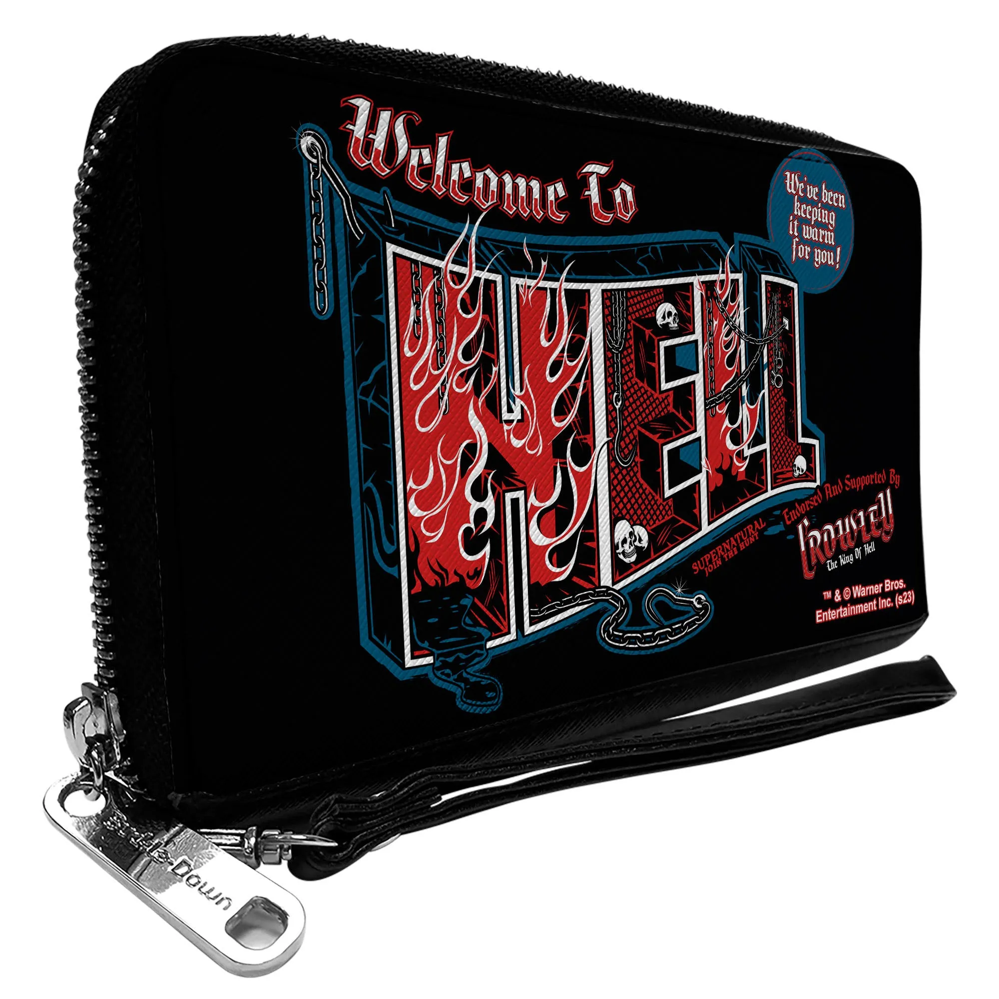 PU Zip Around Wallet Rectangle - Supernatural Crowley WELCOME TO HELL Flames Skulls and Chains Black/Blue/Red/White
