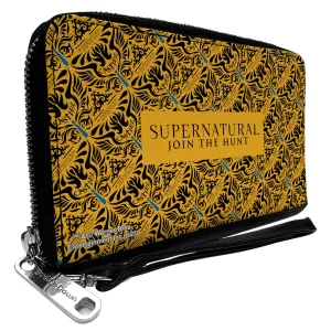 PU Zip Around Wallet Rectangle - SUPERNATURAL JOIN THE HUNT Title Logo and CASTIEL Wings Repeat Yellow/Black
