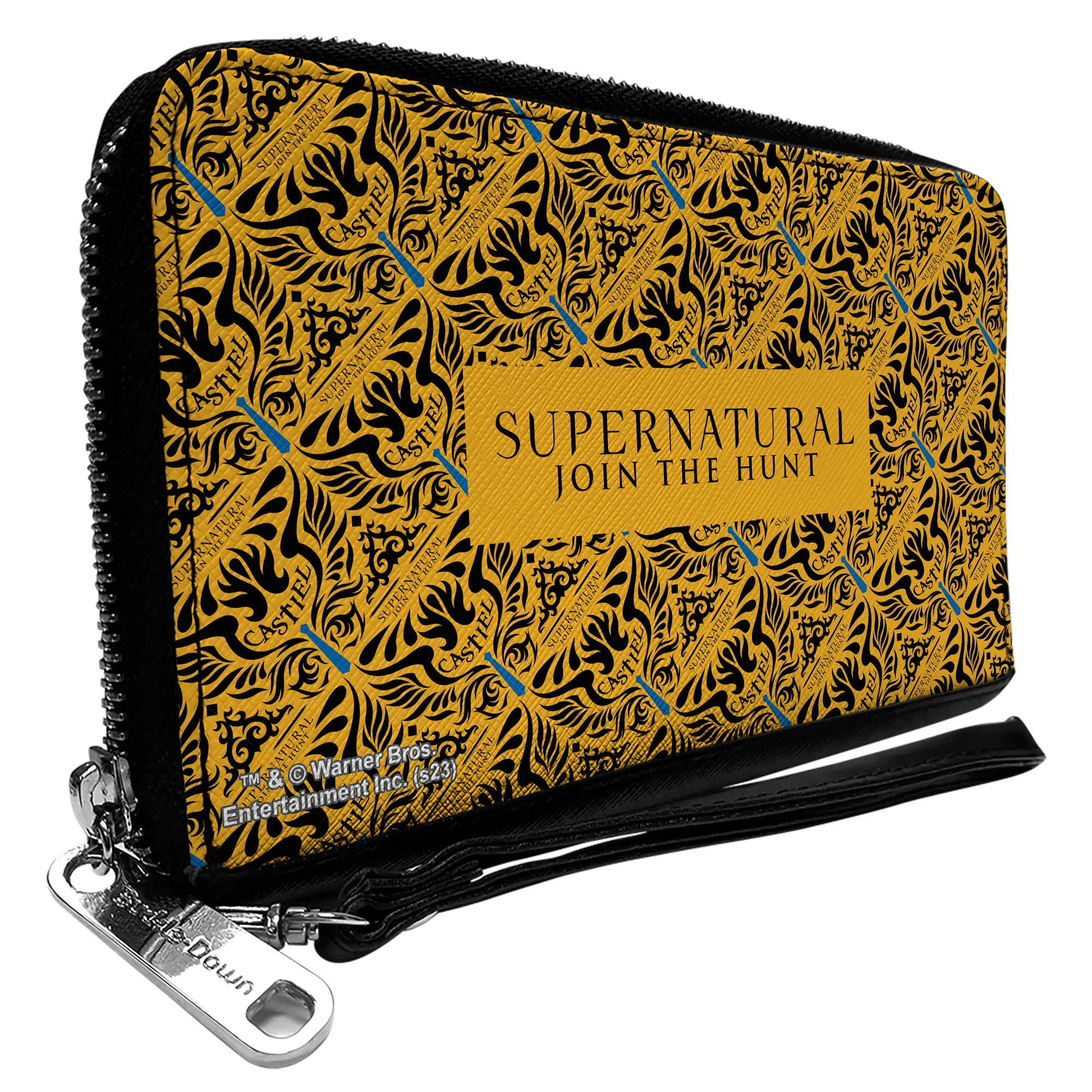 PU Zip Around Wallet Rectangle - SUPERNATURAL JOIN THE HUNT Title Logo and CASTIEL Wings Repeat Yellow/Black