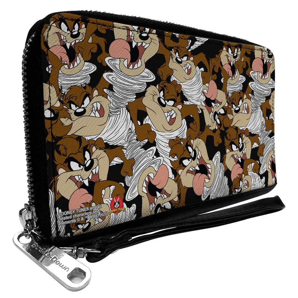PU Zip Around Wallet Rectangle - Tasmanian Devil Vortex Poses Scattered Black