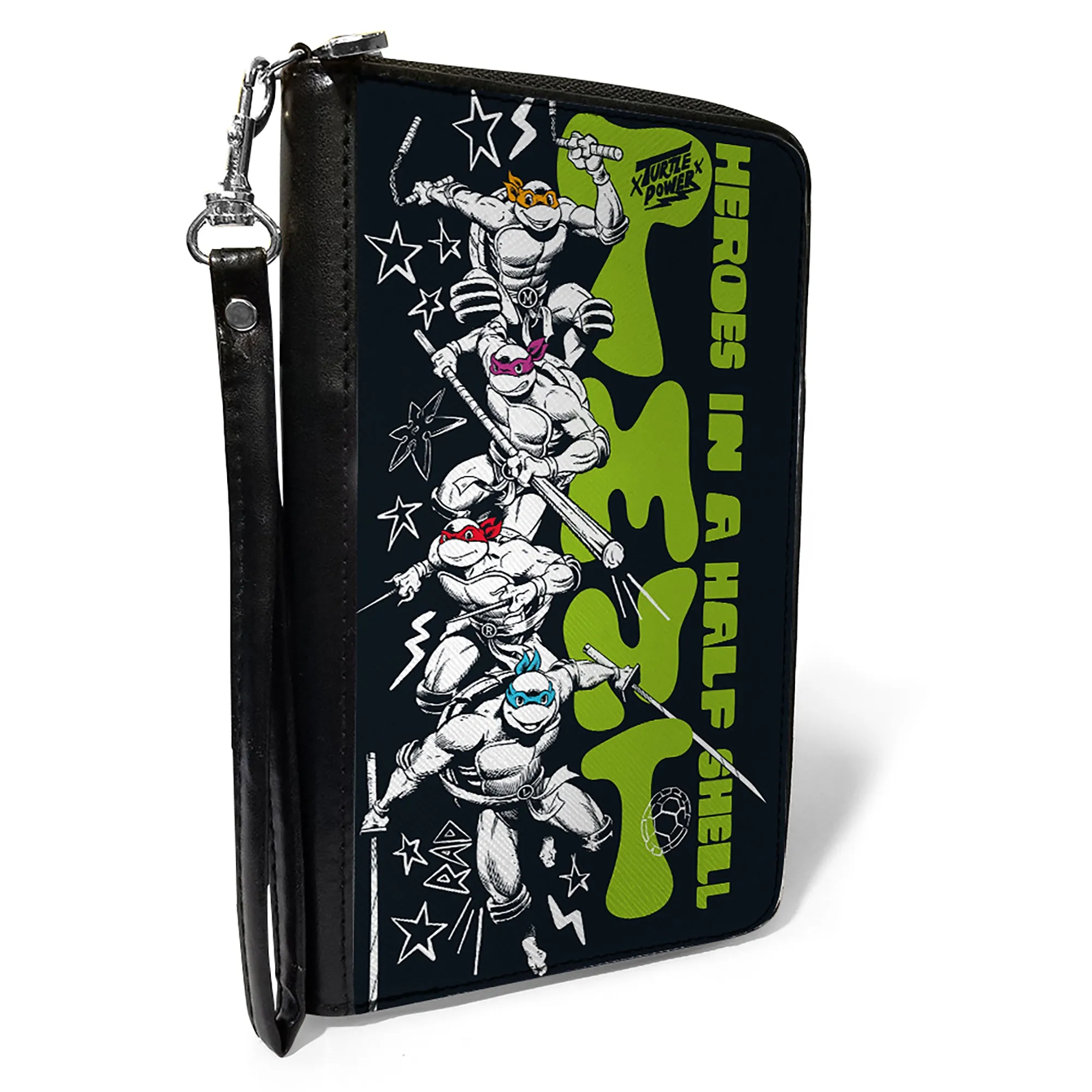 PU Zip Around Wallet Rectangle - Teenage Mutant Ninja Turtles TMNT TURTLES IN A HALF SHELL Action Poses Black/White/Green