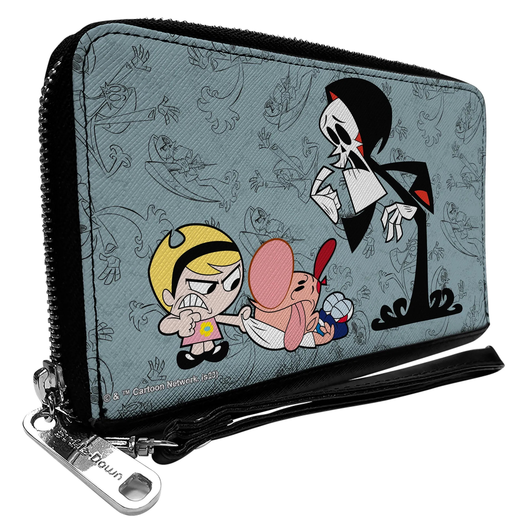 PU Zip Around Wallet Rectangle - The Grim Adventures of Billy & Mandy Group Pose and Grim Sketches Gray