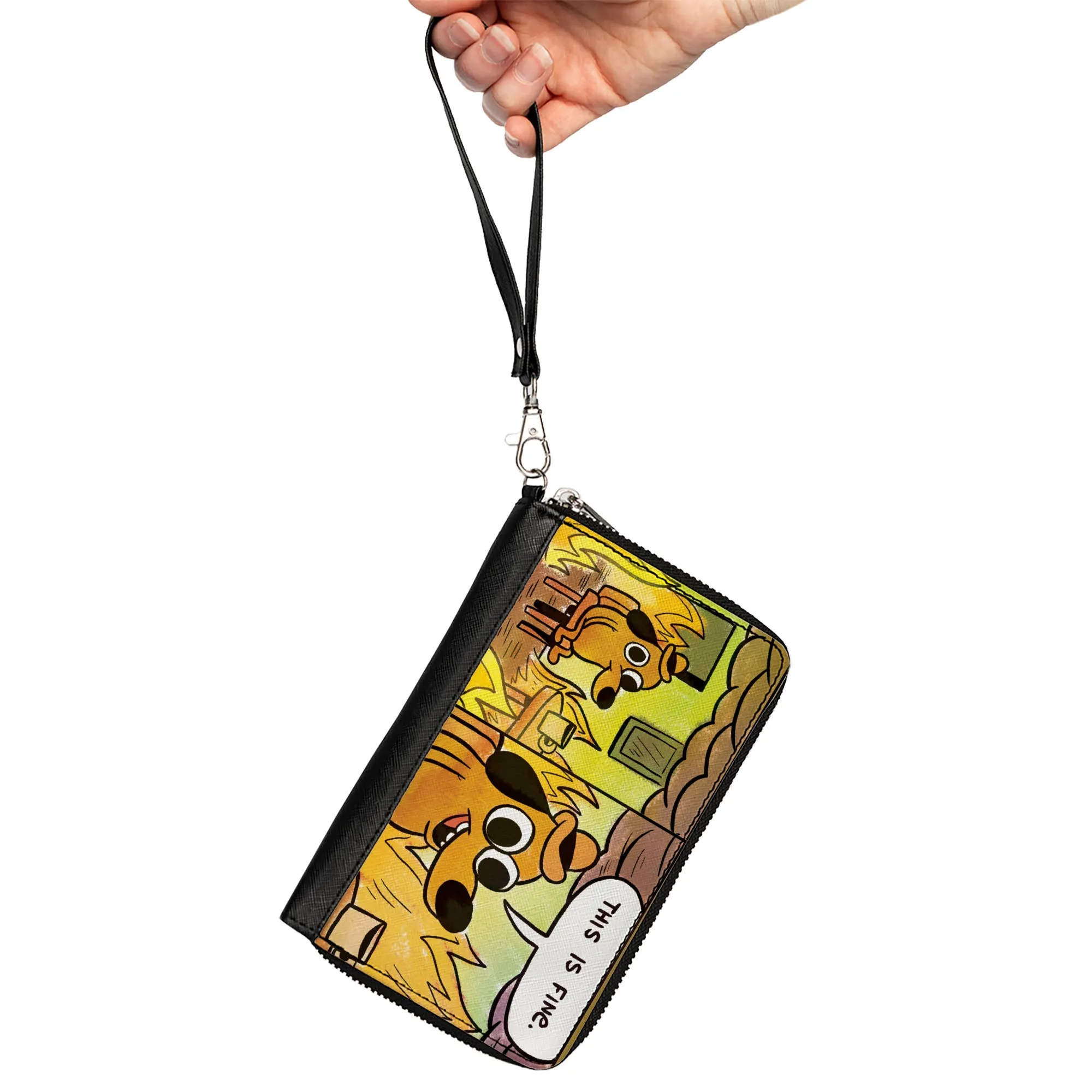PU Zip Around Wallet Rectangle - THIS IS FINE Question Hound Cafe Fire Comic Strip Blocks