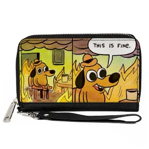 PU Zip Around Wallet Rectangle - THIS IS FINE Question Hound Cafe Fire Comic Strip Blocks