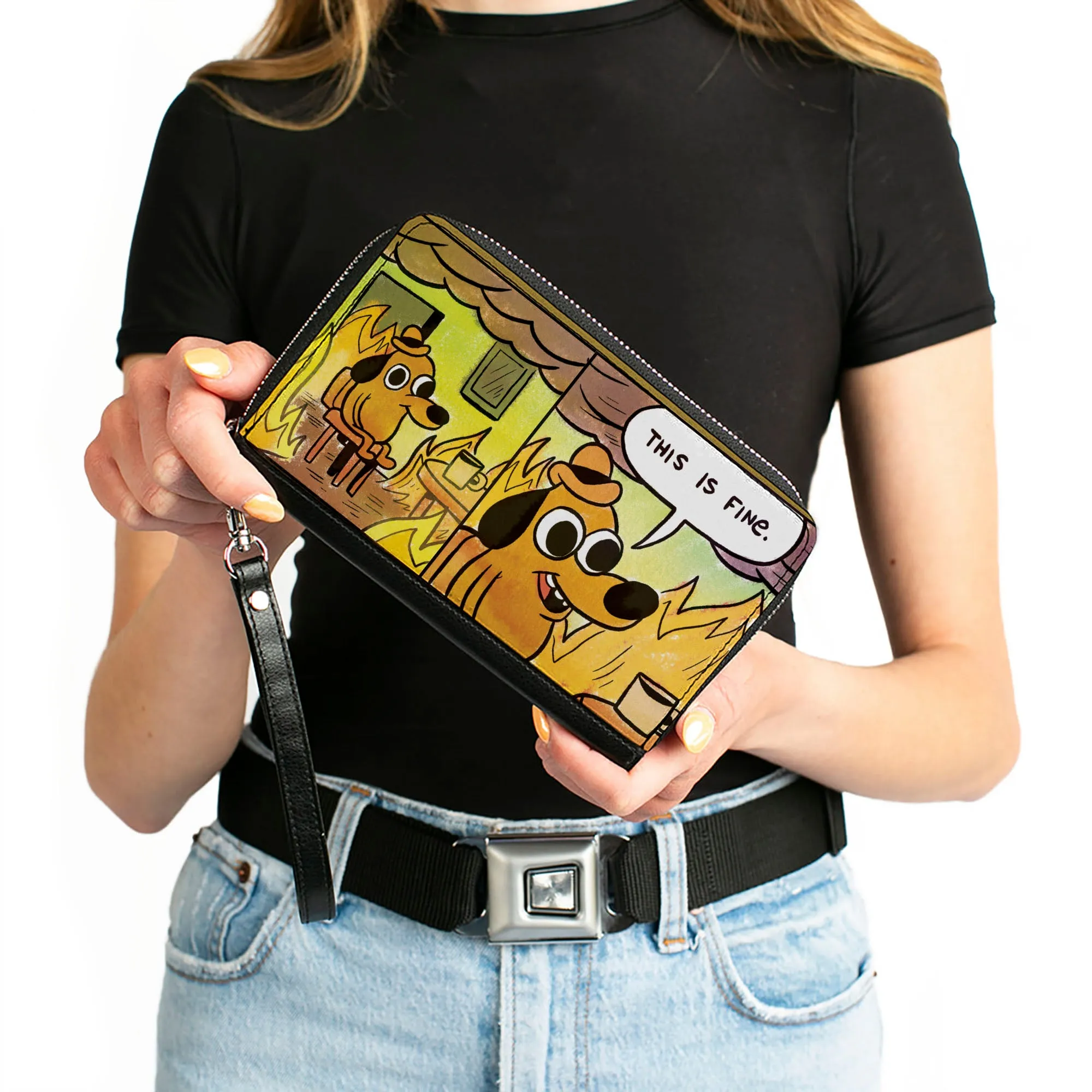 PU Zip Around Wallet Rectangle - THIS IS FINE Question Hound Cafe Fire Comic Strip Blocks