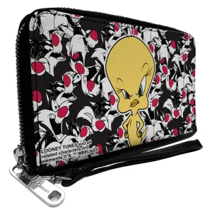 PU Zip Around Wallet Rectangle - Tweety Pose/Sylvester the Cat Expressions Stacked Black/White/Red