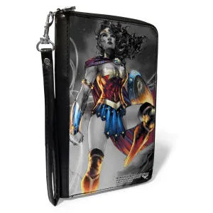 PU Zip Around Wallet Rectangle - Wonder Woman 75th Anniversary Comic Book Cover Standing Pose Grays/Full Color