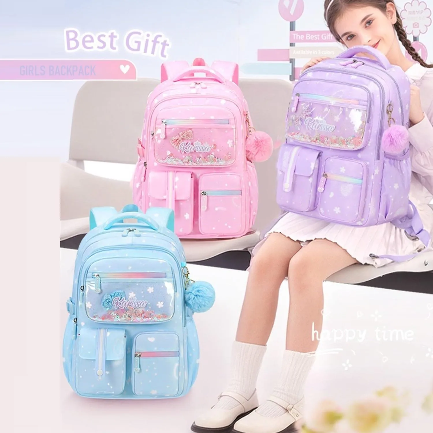 Purple Glitter Kids Backpack for Girls Bookbag for Elementary School Pre School Bag with Chest Strap