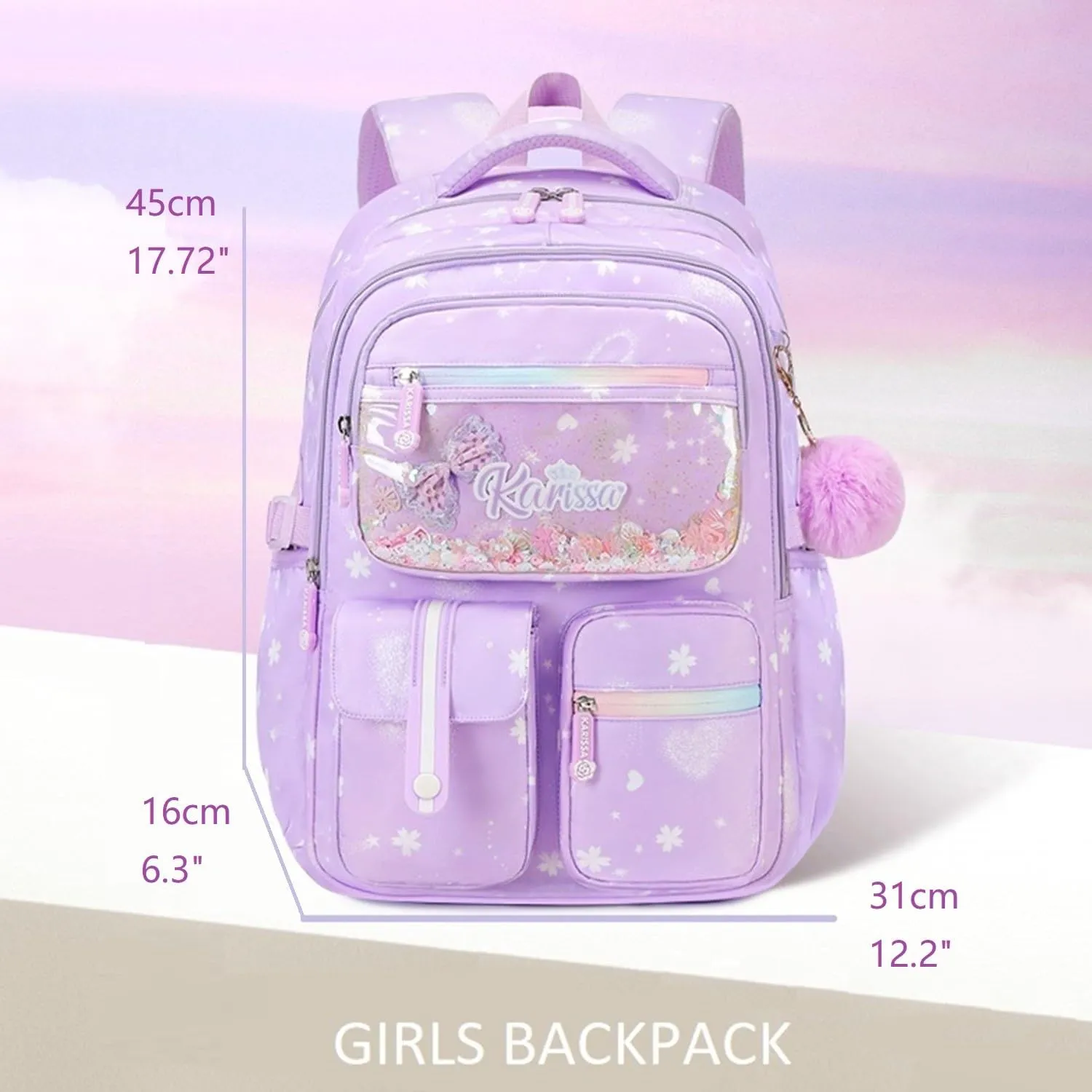 Purple Glitter Kids Backpack for Girls Bookbag for Elementary School Pre School Bag with Chest Strap