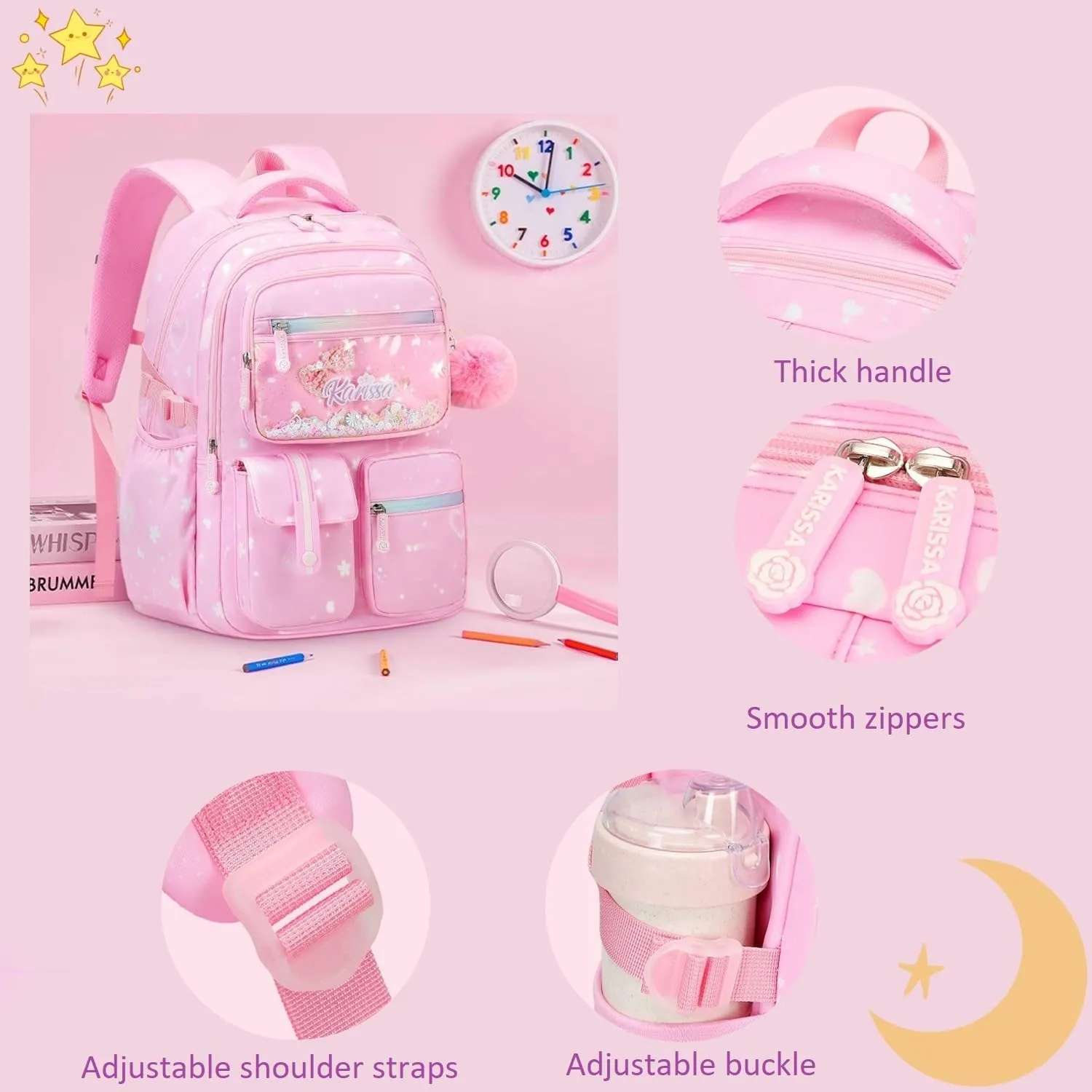 Purple Glitter Kids Backpack for Girls Bookbag for Elementary School Pre School Bag with Chest Strap