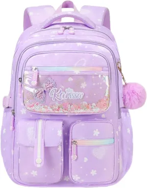 Purple Glitter Kids Backpack for Girls Bookbag for Elementary School Pre School Bag with Chest Strap