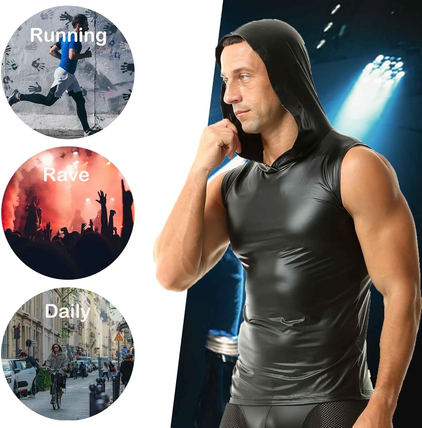 QiaTi Men's Faux Leather Vest Undershirt Mens Sleeveless Tank Top Zipper Stand Collar Shirt Muscle Waistcoats Fit Athletic