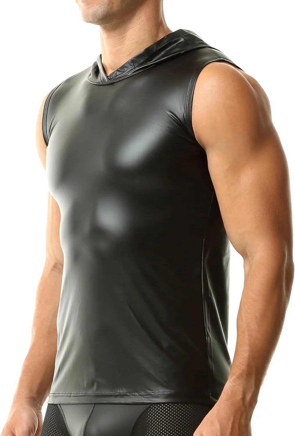 QiaTi Men's Faux Leather Vest Undershirt Mens Sleeveless Tank Top Zipper Stand Collar Shirt Muscle Waistcoats Fit Athletic