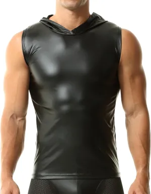 QiaTi Men's Faux Leather Vest Undershirt Mens Sleeveless Tank Top Zipper Stand Collar Shirt Muscle Waistcoats Fit Athletic