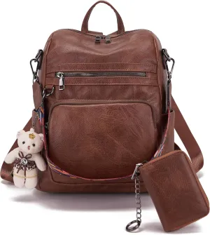 Qiyuer Women's Fashion PU Leather Backpack Purse for Women Designer Ladies Travel Convertible Shoulder Bag Brown