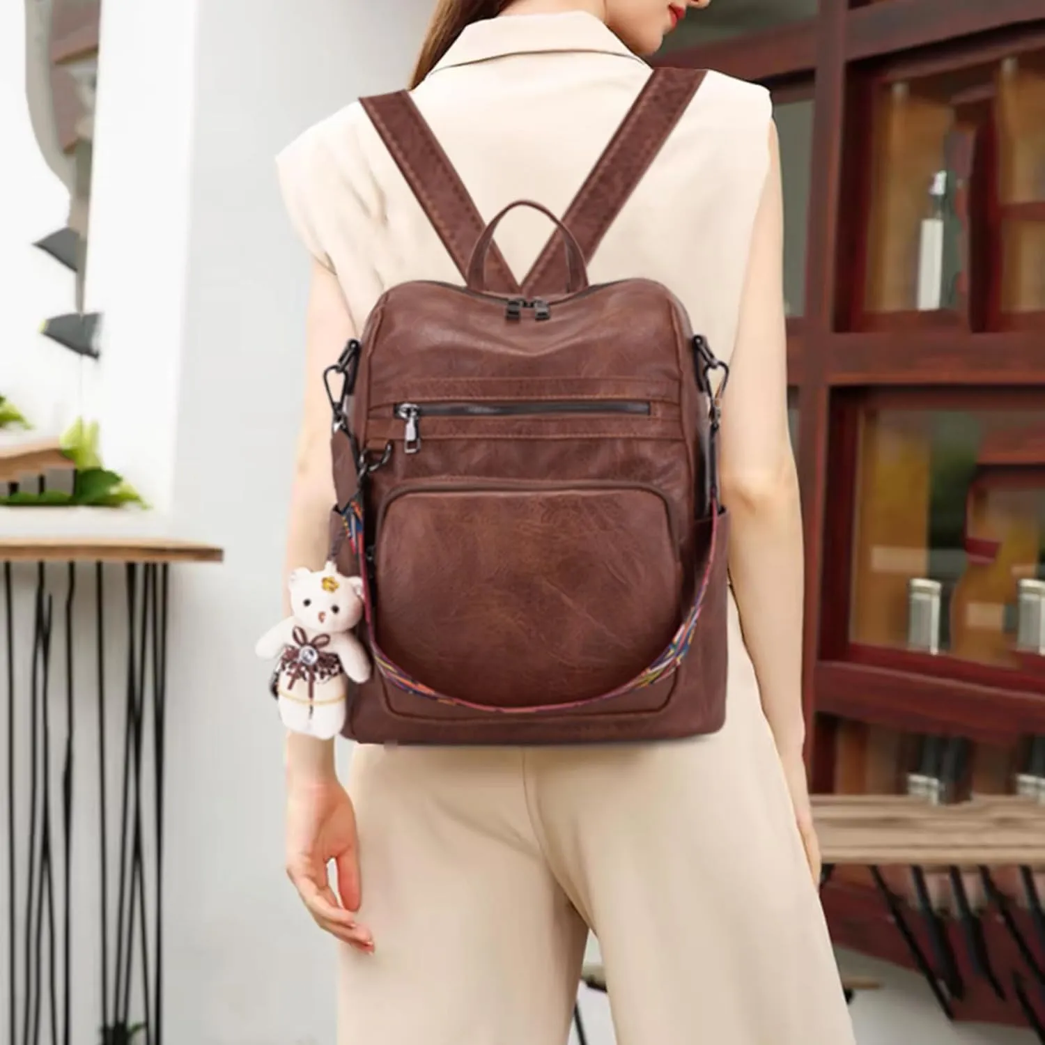 Qiyuer Women's Fashion PU Leather Backpack Purse for Women Designer Ladies Travel Convertible Shoulder Bag Brown