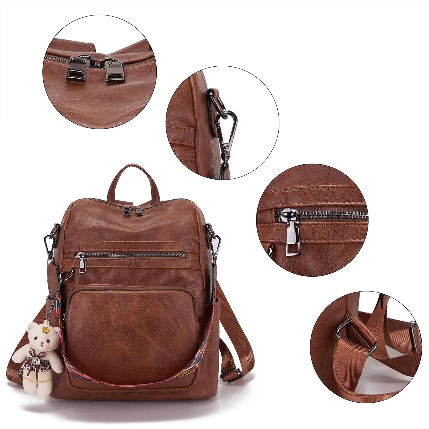 Qiyuer Women's Fashion PU Leather Backpack Purse for Women Designer Ladies Travel Convertible Shoulder Bag Brown