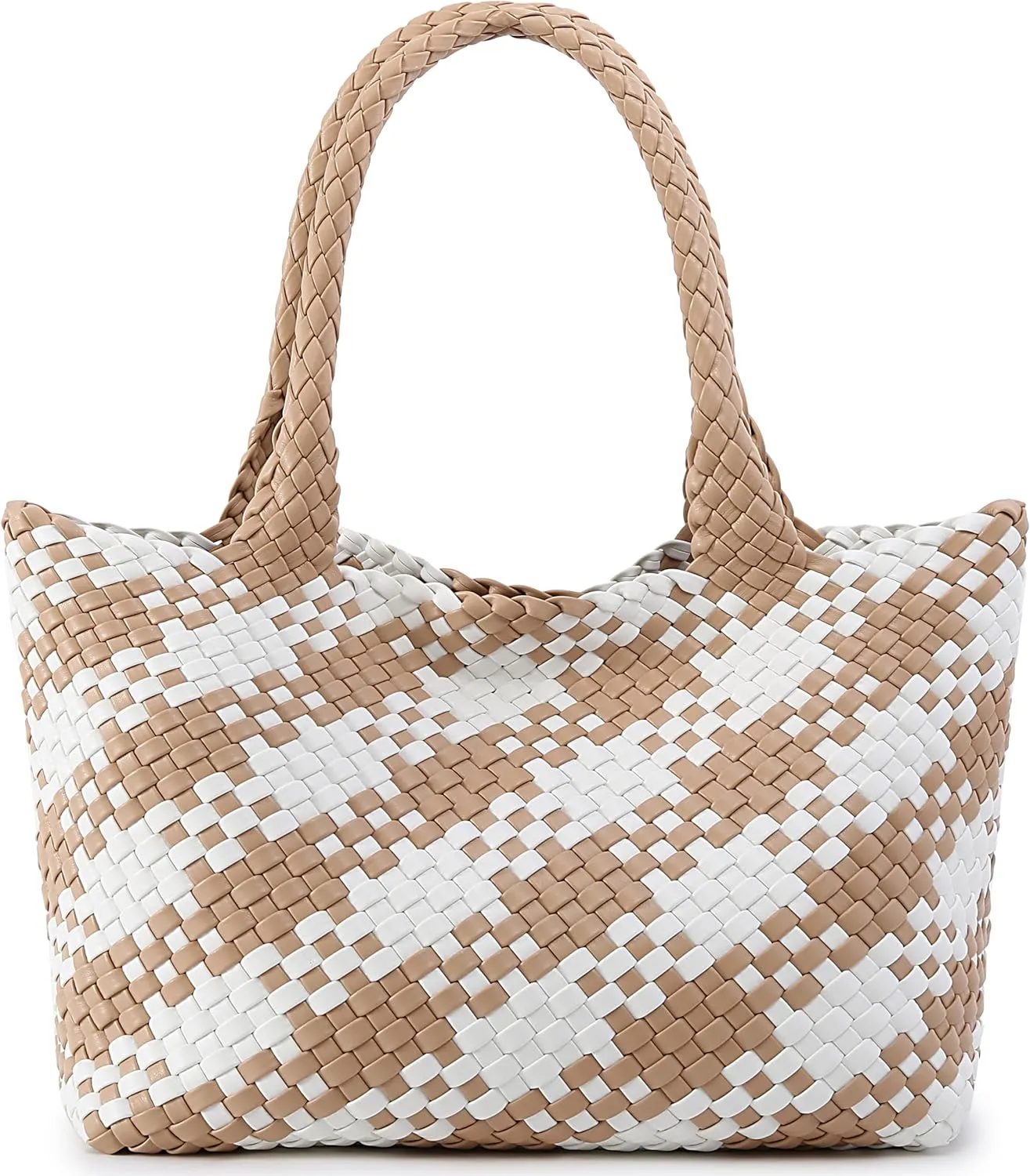 Queenoris Woven Bag for Women, Fashion Top Handle Shoulder Bag Vegan Leather Shopper Bag Large Travel Tote Bag