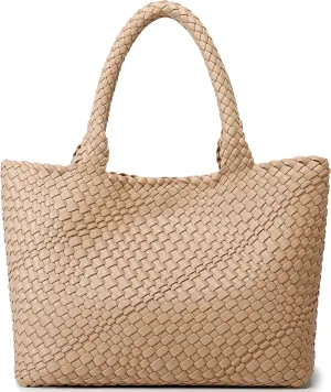 Queenoris Woven Bag for Women, Fashion Top Handle Shoulder Bag Vegan Leather Shopper Bag Large Travel Tote Bag