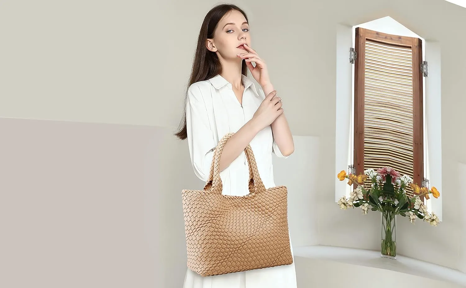 Queenoris Woven Bag for Women, Fashion Top Handle Shoulder Bag Vegan Leather Shopper Bag Large Travel Tote Bag